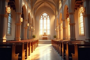 A serene church interior bathed in sunlight, focusing on the altar and pews , worship, stone
