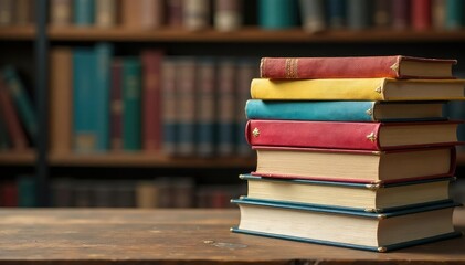 A stack of library books, various sizes and colors, on a wooden table , old books, pile