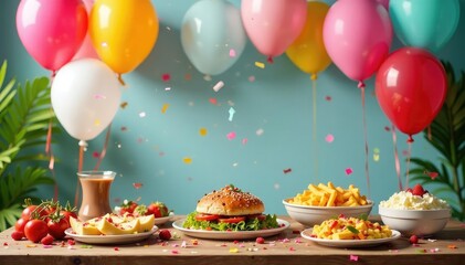 A table laden with food, balloons, and confetti, celebrating an achievement , accomplishment, thanks