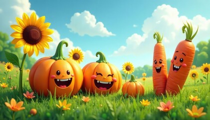 A whimsical field of oversized, brightly colored vegetables Smiling sunflowers, laughing pumpkins, giggling carrots , comedy, surreal