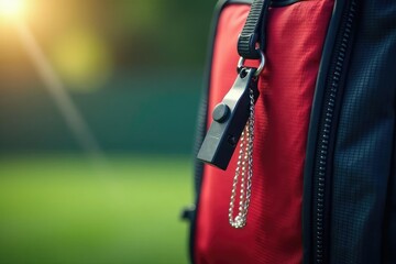 A whistle hanging from a sports bag, ready for practice , sound, sportswear, official