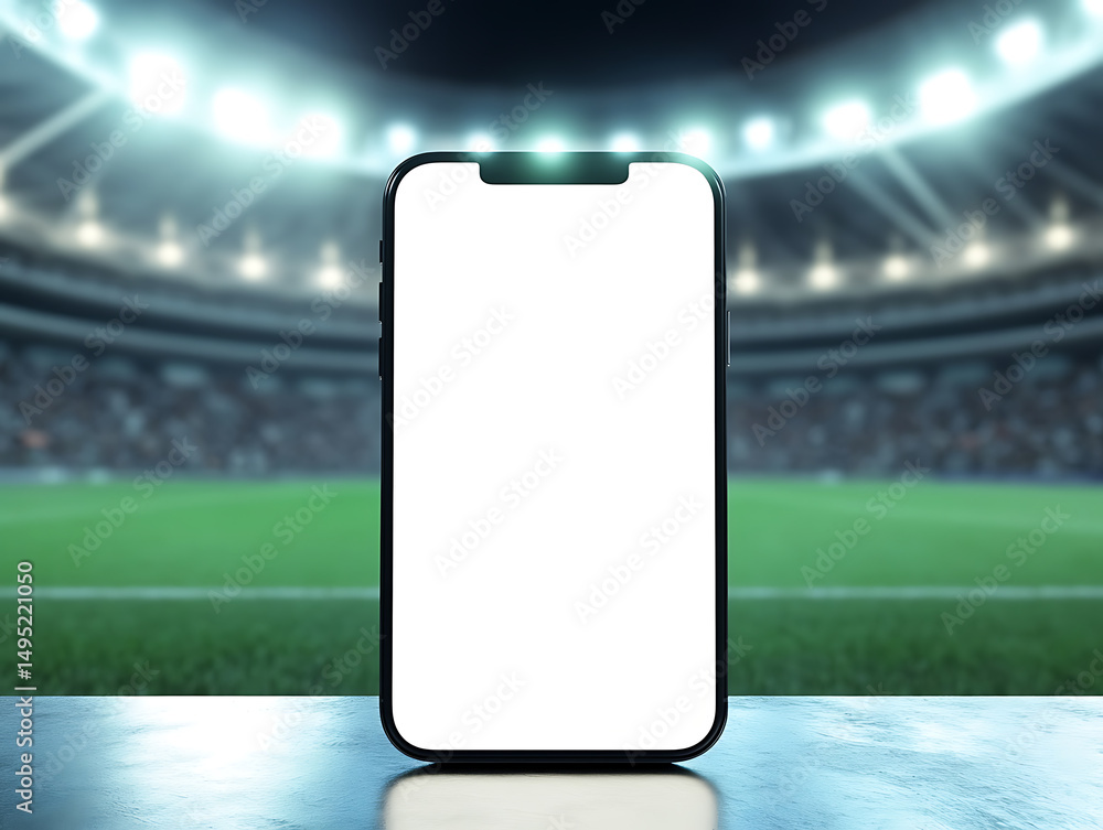Poster phone mockup with a blank screen displayed in front of a large stadium filled with cheering fans.