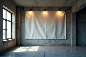 Exposed concrete, hanging banner, stark lighting , texture, office