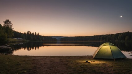 Tent by Lake at Dusk