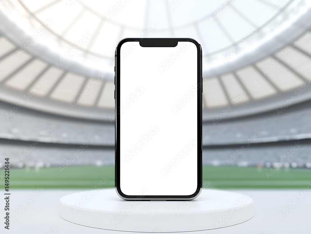 Poster smartphone display in stadium: crisp mobile device on a white platform showcasing a blank screen, se