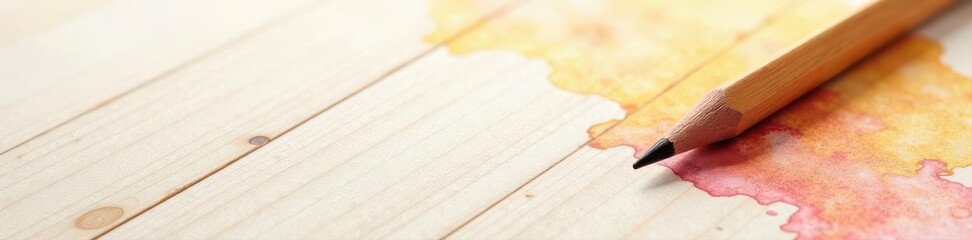 Wooden pencil on textured watercolor paper, light wood background, minimalist, design, texture