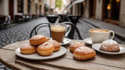 Donut and coffee on table