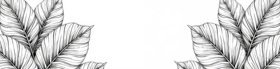 Elegant continuous line tropical leaf drawings Black and white, isolated on white , vector, art