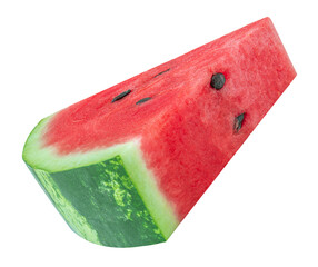Flying Watermelon triangle slice with seeds isolated on white. Fresh juicy watemelon closeup....