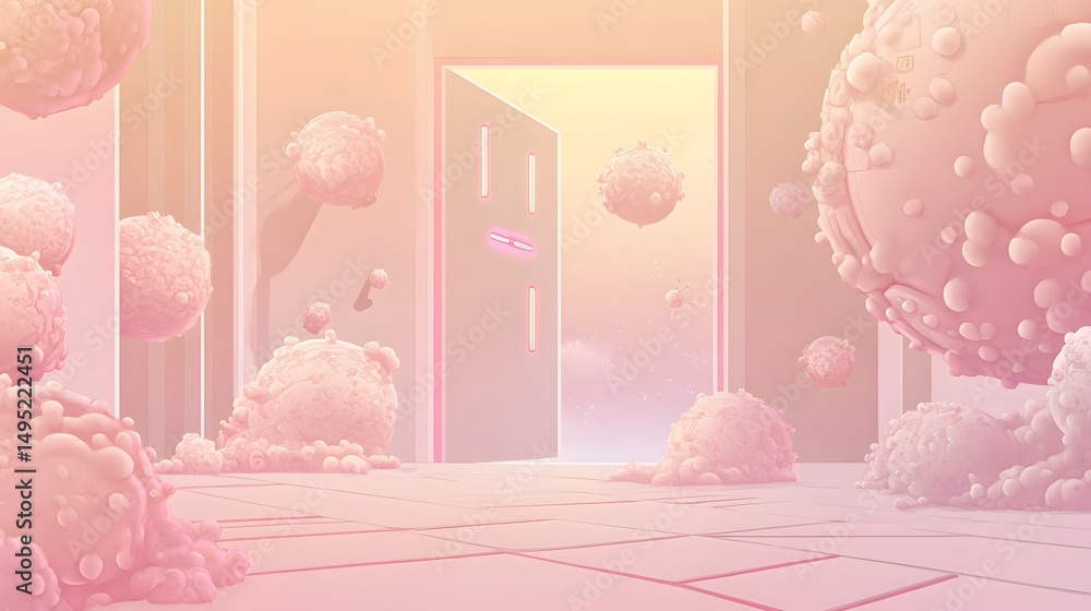 Poster pastel hallway with floating spherical objects.