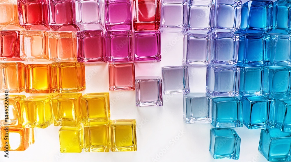 Poster colorful translucent cubes forming a gradient ranging from warm to cold colors on a white background
