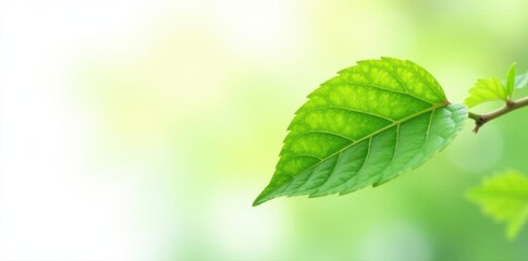 Single vibrant green leaf isolated on pure white , texture, flora