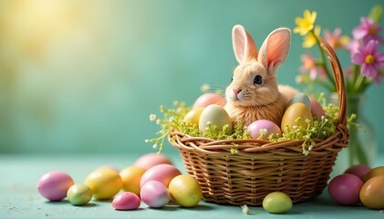 Colorful Easter candy eggs and bunnies in a basket, spring flowers , bunnies, marshmallow