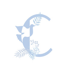 Tender blue peace family monogram. Latin letter C with dove and palm leaves on white background