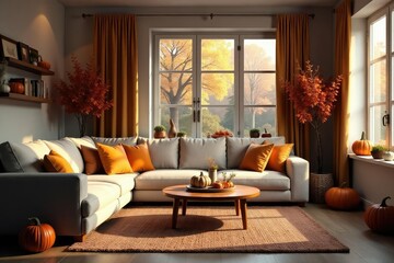 Cozy living room with autumnal decorations, pumpkins, and warm lighting , autumn leaves, artwork