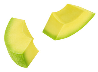 Avocado slice isolated on white. Organic Avocado piece falling. Avocado chunk flying in the air. Macro real photo.  Package design element .