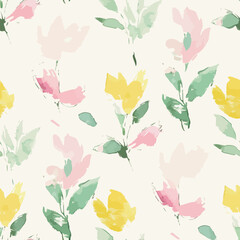 Elegant watercolor botanical textile pattern with soft pastel colors and delicate floral elements - vector illustration