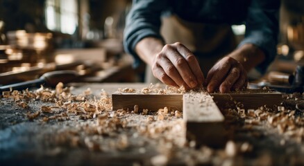 Carpenter Shaping Wood in Workshop With Shavings, Illustrating Craftsmanship and Small Business Entrepreneurship : Generative AI