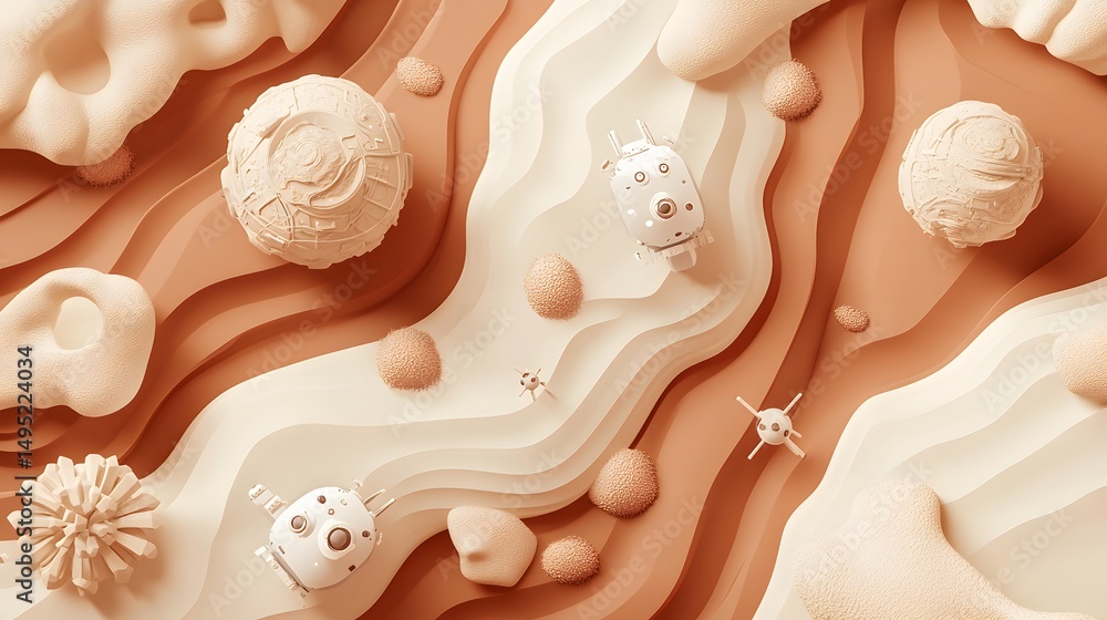 Poster abstract landscape design with soft colors and textured forms.