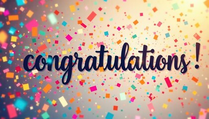Colorful confetti bursts from a banner reading "Congratulations!" against a bright background , win, party banner, bright