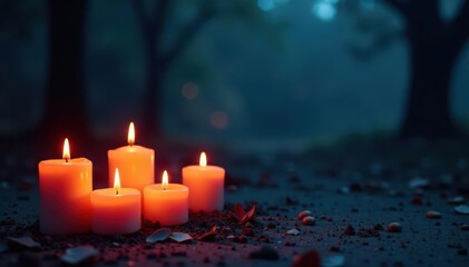 Glowing candles cast eerie shadows on Halloween night , creepy, scary, dread