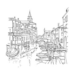Architecture travel sketch, drawn graphic illustration, black and white. Drawing urban landscape, black and white graphics of Venice, Italy, water, gondola. Liner sketches architecture of Venice.