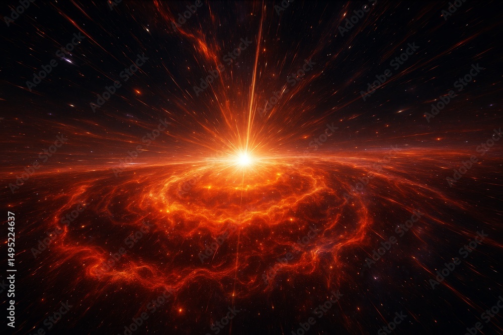 Poster cosmic explosion releasing radiant energy in deep space captured with vibrant colors and dynamic pat