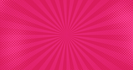 Abstract pink red magenta sunbeam pattern. Cartoon comic book dynamic backdrop. Children design style background. Dynamic retro pop art texture. Moving lines on round. Sunny summer kid funny banner. 