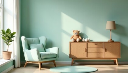 Mint armchair, wooden cabinet, plush toys, eucalyptus wall, Scandinavian nursery , nursery, copy space, toys