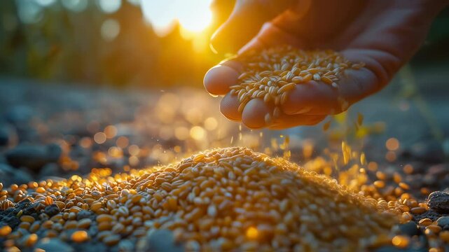A hand sows wheat into the ground. The photo can be used to illustrate the gospel parables	