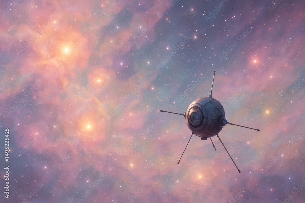Poster exploration of distant galaxies with a spacecraft navigating through colorful cosmic clouds at twili