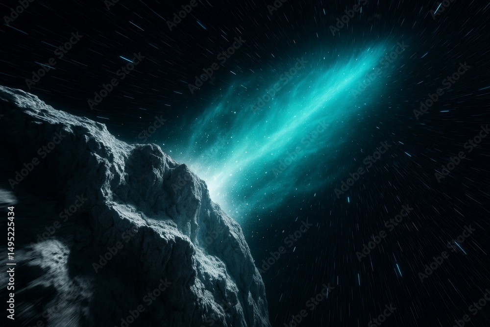 Poster bright cosmic comet streaking through space near a rocky surface during a celestial event in the uni