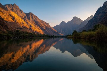 Fototapeta premium Mountains Reflecting in Calm River at Sunset, Representing Natural Beauty and Environmental Conservation for Travel and Tourism : Generative AI