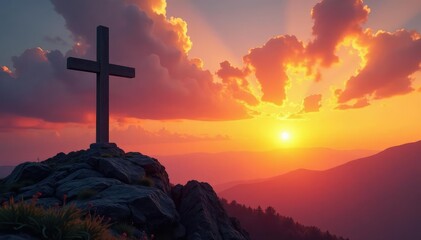 Serene landscape with cross at sunset, conveying peace and faith , calm, mountain, spiritual