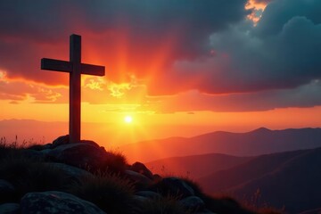 Serene landscape with cross at sunset, conveying peace and faith , inspirational, church