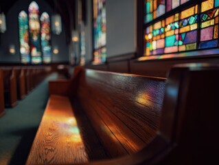Empty Church Pews and Stained Glass Windows, Evoking Serenity and Spiritual Reflection for Religious Events and Community Outreach Programs : Generative AI