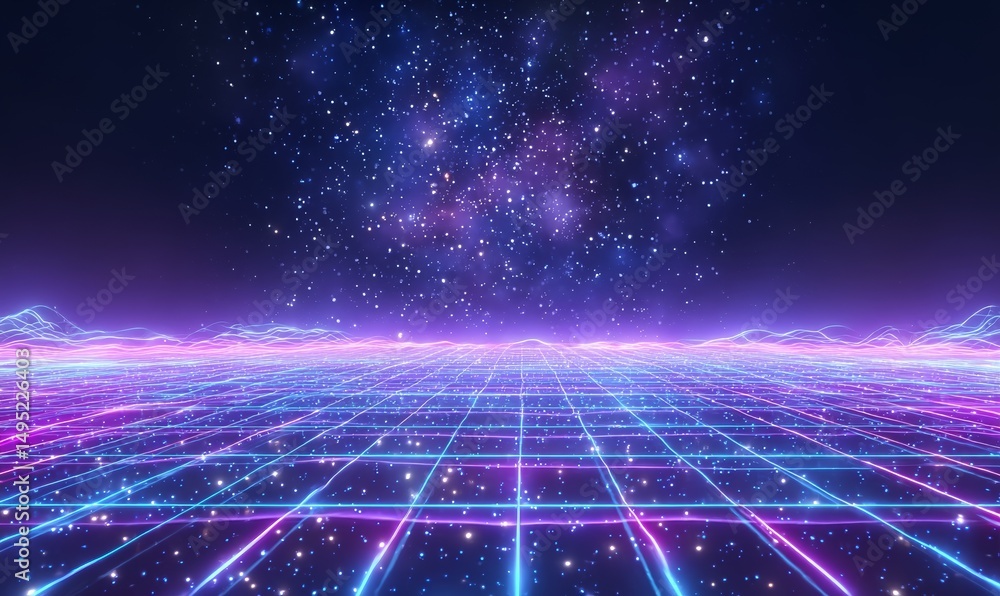 Fototapete an abstract digital background serves as the foundation for a synthwave wireframe net illustration, 