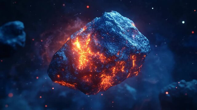 A close-up of a meteorite floating in deep space
