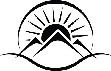 Black flat line logo design of a mountain peak with abstract sun