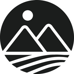 Mountain peak with sun minimalist black silhouette logo design concept