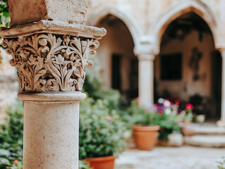 Ornate stone column detail in a tranquil courtyard garden, showcasing intricate carvings and a peaceful atmosphere