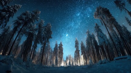 Snowy Forest Under a Starry Night Sky, Showcasing Winter Wonder and Environmental Awareness for Nature Enthusiasts : Generative AI