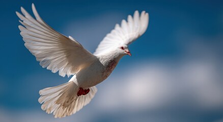 Fototapeta premium White Dove Flying Against Blue Sky, Symbolizing Hope and Peace for Remembrance Day and Memorials : Generative AI