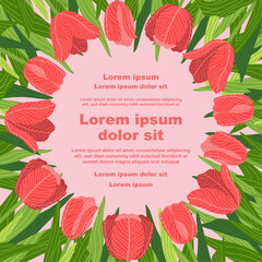 Illustration of a floral background featuring various tulips flowers, with a text placeholder. Ideal for banners, covers, greeting cards, invitations, posters, and other design templates. Hand-drawn