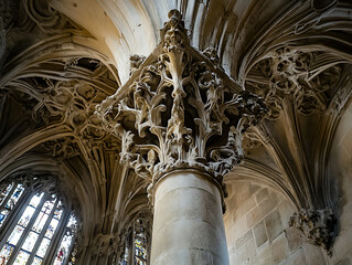 Intricate stone column capital and ribbed vaulting in a gothic style architectural space, showcasing detailed carvings and craftsmanship