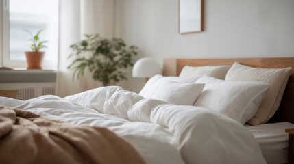 Cozy unmade bed with white pillows and blanket in bright bedroom interior with wooden headboard and houseplants.