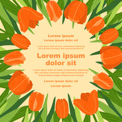 Illustration of a floral background featuring various tulips flowers, with a text placeholder. Ideal for banners, covers, greeting cards, invitations, posters, and other design templates. Hand-drawn