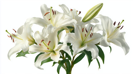 Elegant white lily bouquet in full bloom, isolated on a pure white background.