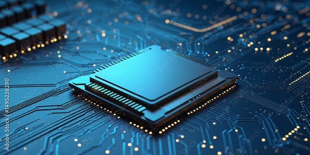 Poster close-up of a modern microprocessor on a digital circuit board depicting advanced technology and inn