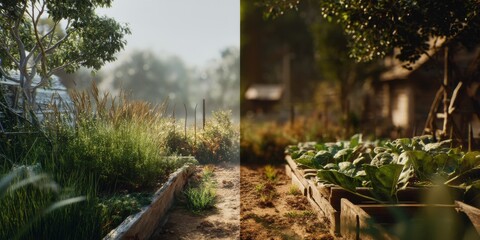Rustic Garden With Wooden Beds in Contrasting Light, Showcasing Sustainable Living and Agricultural Practices for Organic Food Production and Healthy Lifestyle : Generative AI